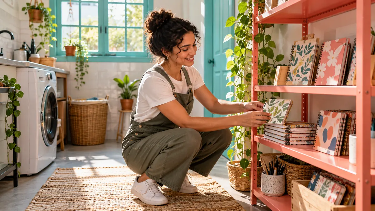 Empreendedora organiza o primeiro estoque de sua pequena loja online.