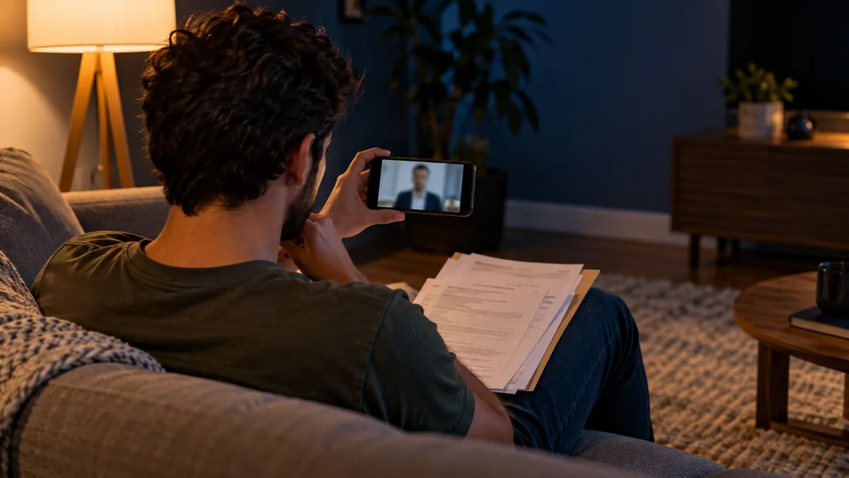 Trabalhador consulta orientação jurídica pelo celular com documentos trabalhistas em mãos.
