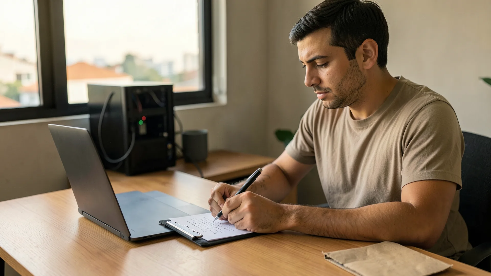 Desenvolvedor de camiseta, sentado à mesa do escritório de casa, escreve à caneta em uma folha presa a uma prancheta, com um notebook aberto de costas para a câmera.