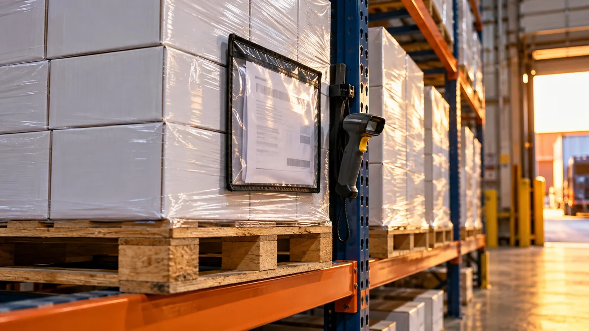 Lote de mercadorias com documentação de entrada em um centro de fulfillment.