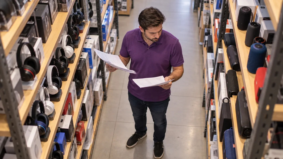 Lojista avalia documentos de compra e estoque de uma operação de eletrônicos.