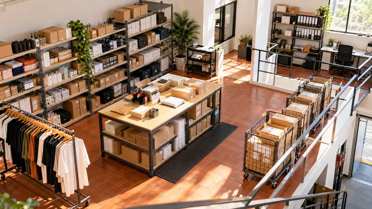 Visão ampla de uma operação de e-commerce com estoque, expedição e área administrativa.