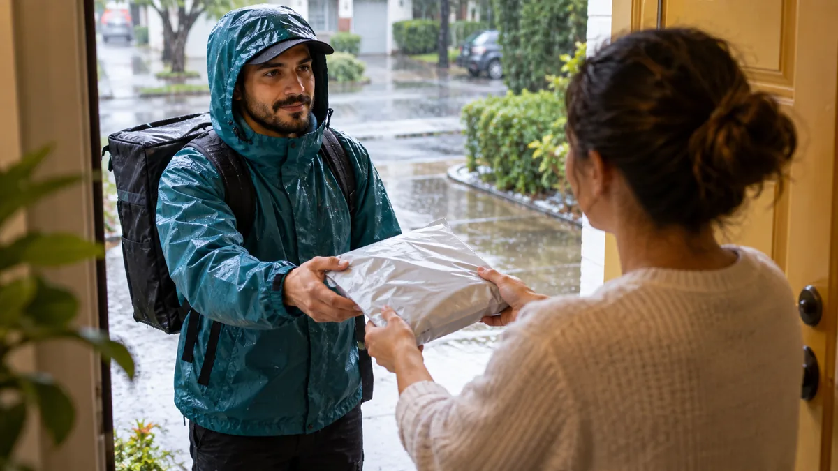 Cliente entrega uma encomenda devolvida ao entregador na porta de casa.