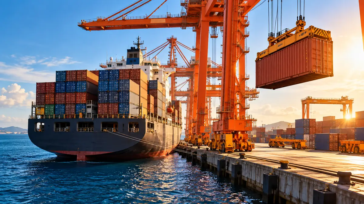Contêiner de mercadorias embarcado em navio para exportação.
