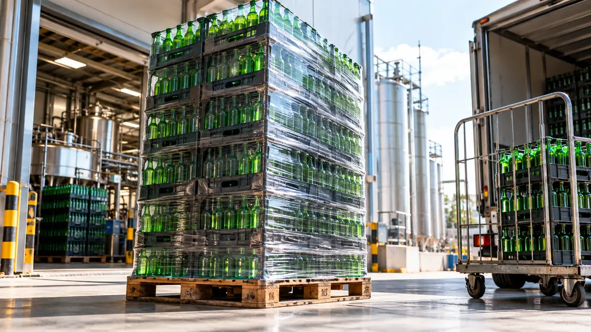 Pallet de bebidas preparado para distribuição do fornecedor ao comércio.