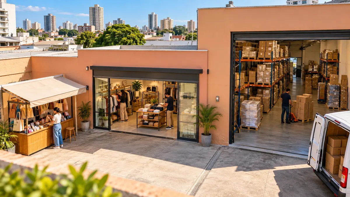Diferentes estruturas comerciais em um conjunto de pequenas empresas.