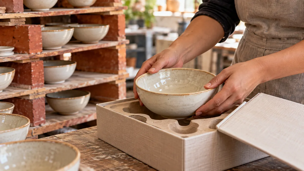 Peça produzida no ateliê embalada para venda direta ao consumidor.