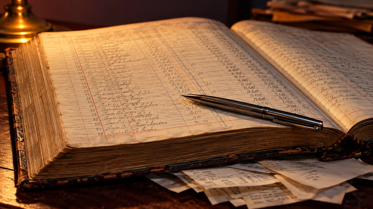 Livro contábil e comprovantes usados no fechamento do resultado da empresa.