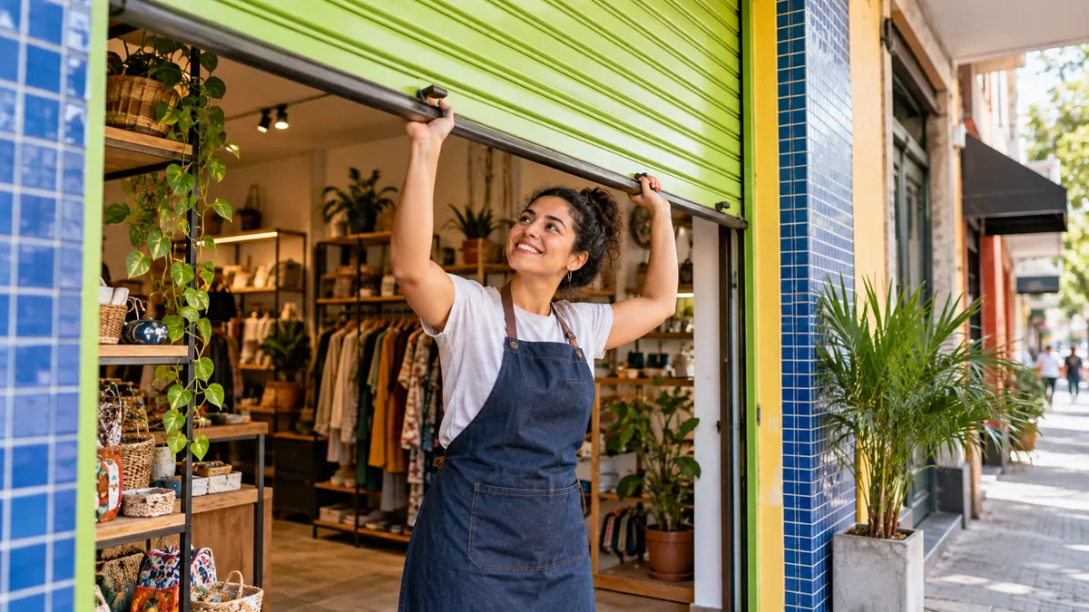 Pequena comerciante abre a loja no início do expediente.