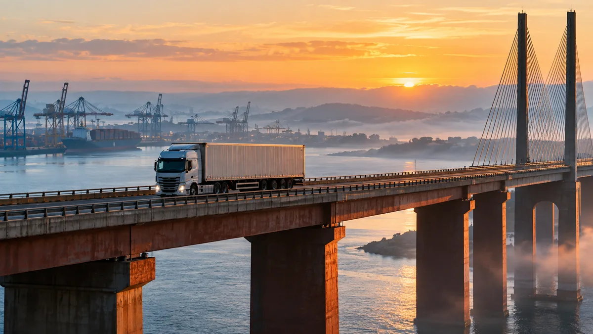 Transporte rodoviário de mercadorias entre regiões em uma ponte.