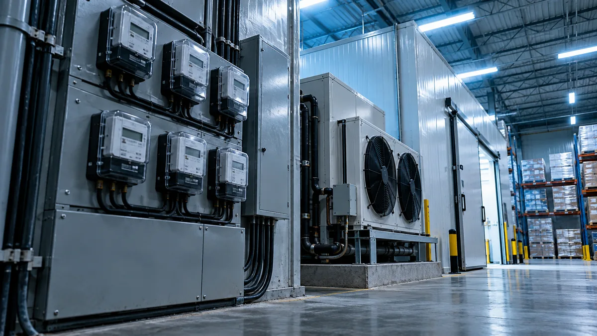 Medidor de energia e equipamento de refrigeração utilizados na operação comercial.