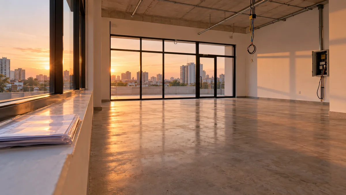 Sala comercial em preparação, com documentos e despesas de instalação.