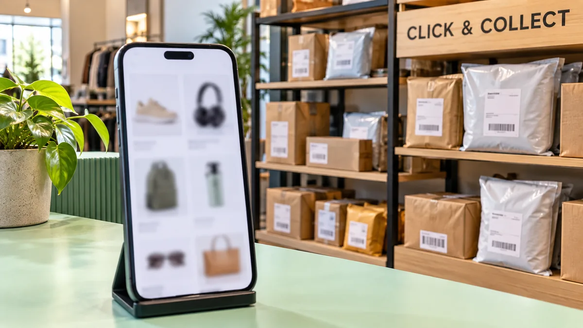Catálogo de loja virtual e pedidos organizados para retirada.