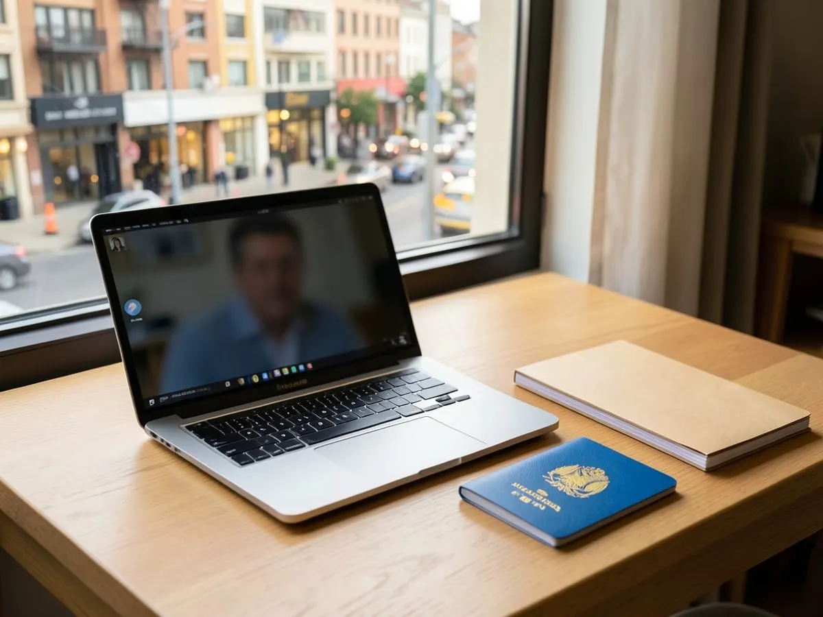 Notebook em videochamada ao lado de passaporte brasileiro e pasta de documentos, em apartamento no exterior