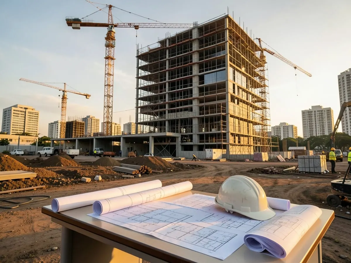 Obra de edifício com guindastes e, em primeiro plano, plantas e capacete sobre a mesa do canteiro
