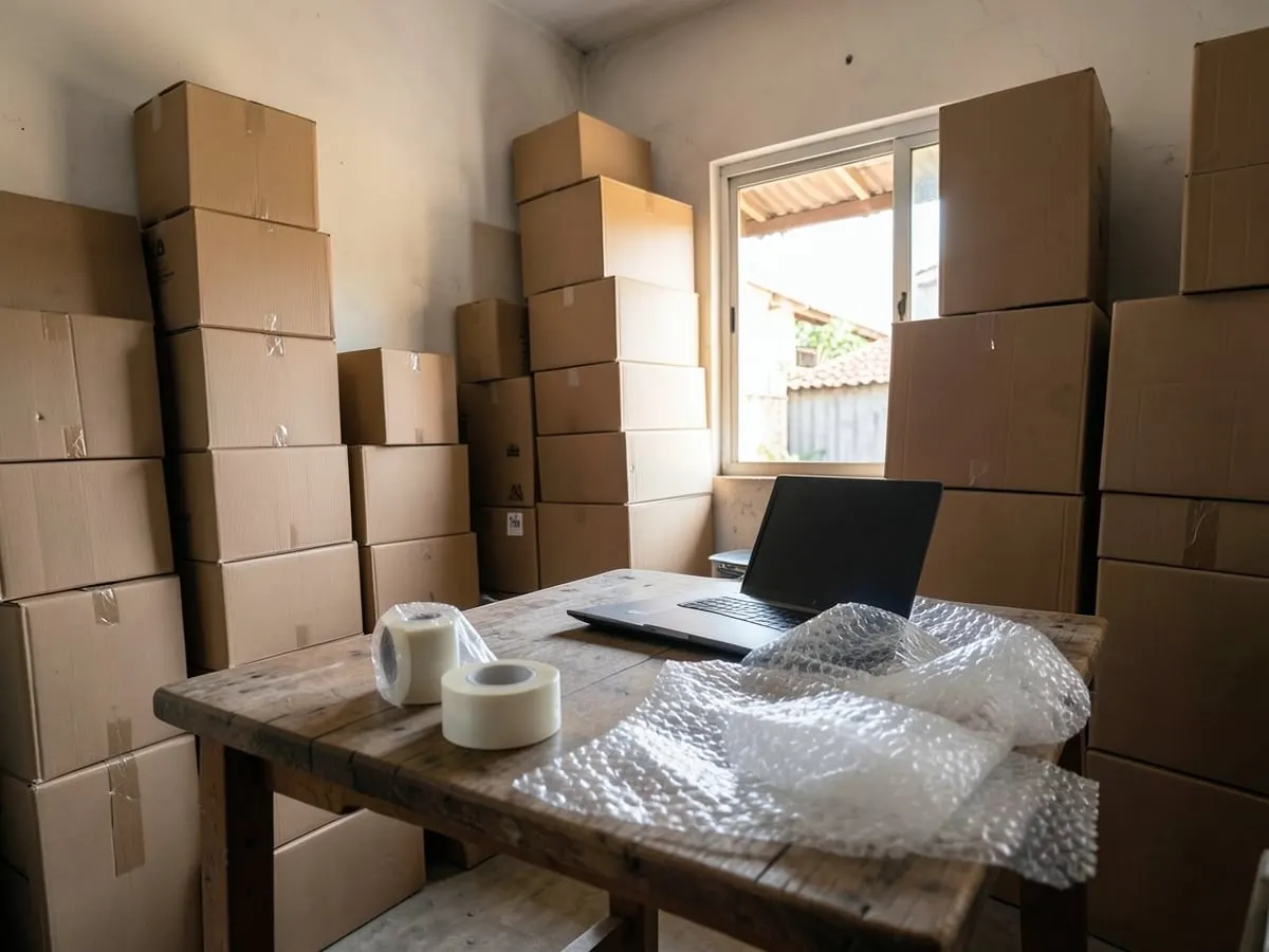 Estoque de pequeno e-commerce tomado por caixas de envio, com mesa de embalagem e notebook