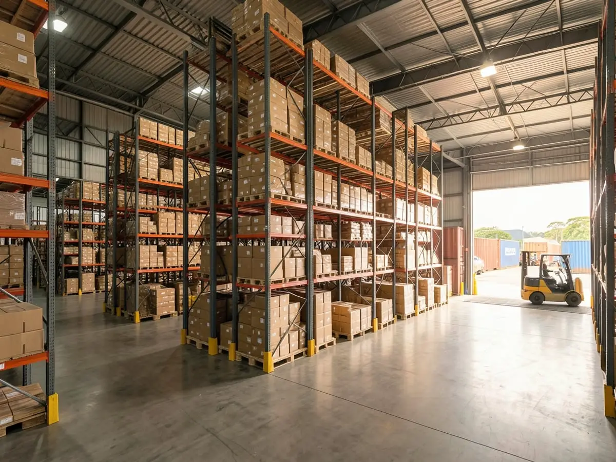 Centro de distribuição com prateleiras altas de mercadorias e empilhadeira na doca de carga
