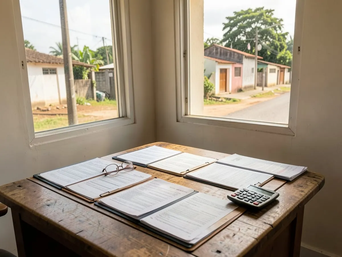 Mesa de escritório com documentos fiscais organizados em pastas e calculadora