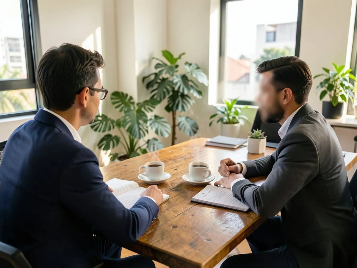 Conversa entre empresário e contador em mesa de madeira, com café e cadernos