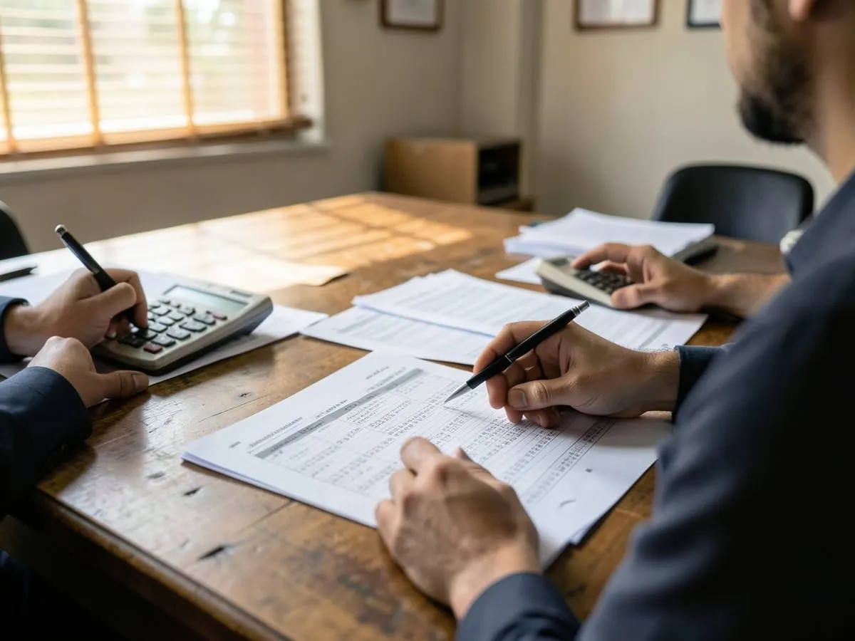 Planilhas impressas e calculadora sobre a mesa durante a análise dos números da empresa