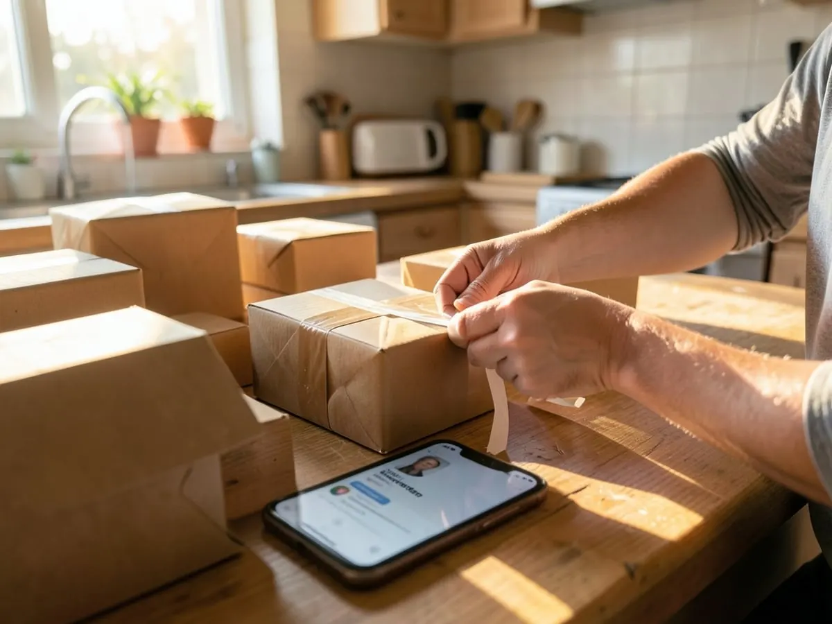 Mãos embalando pedidos online em uma mesa de cozinha cheia de caixas